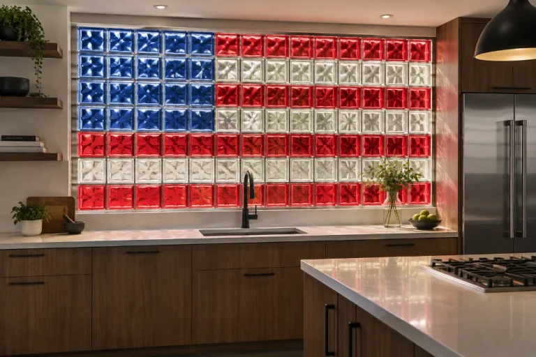 American flag design in colored glass block above a kitchen sink