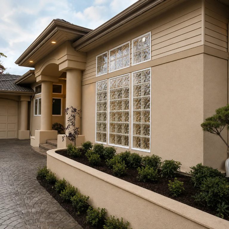 Stucco house with tall glass block windows