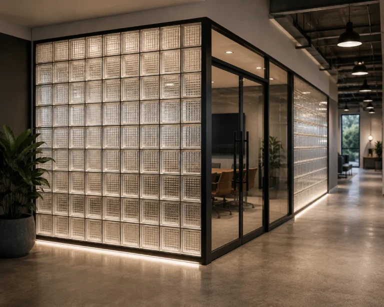 Backlit glass block wall in a modern hallway