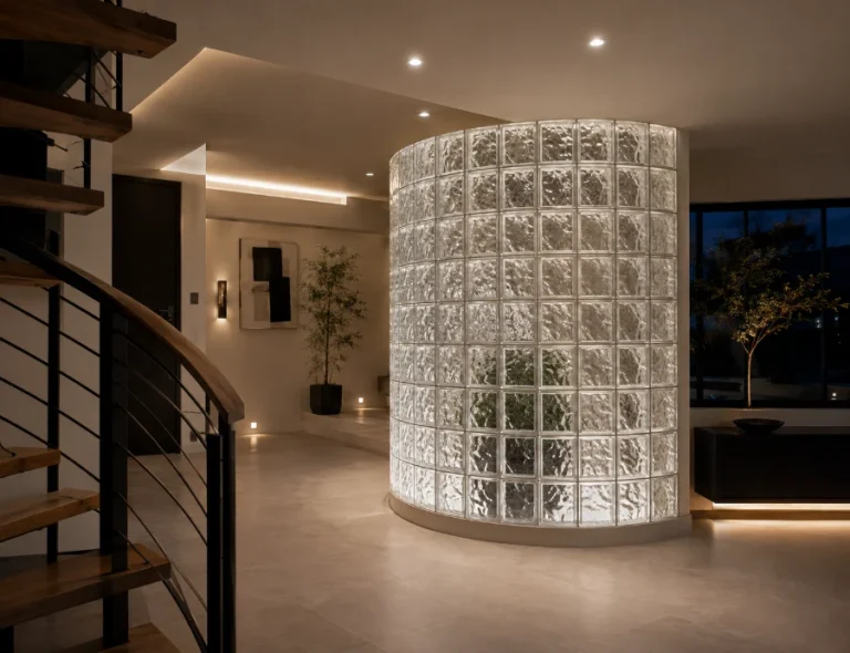 Curved glass block feature wall in a modern entryway