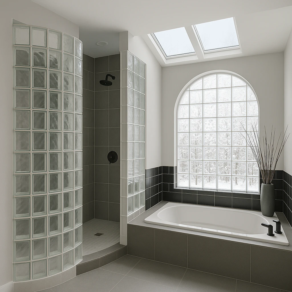 Glass block shower wall with an arched window