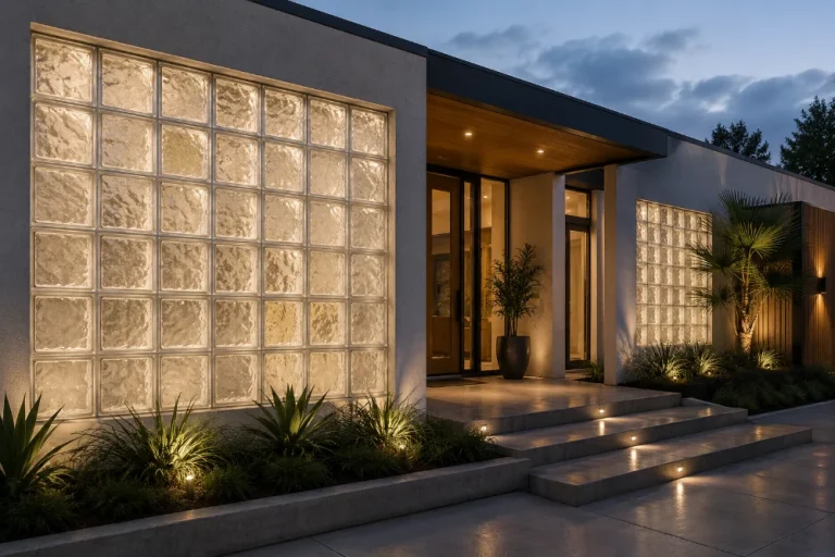 Glass block wall in an outdoor courtyard at dusk