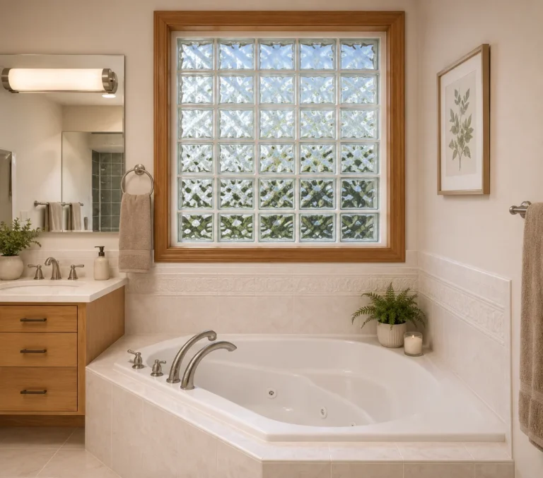 Wave glass block in a bathroom setting