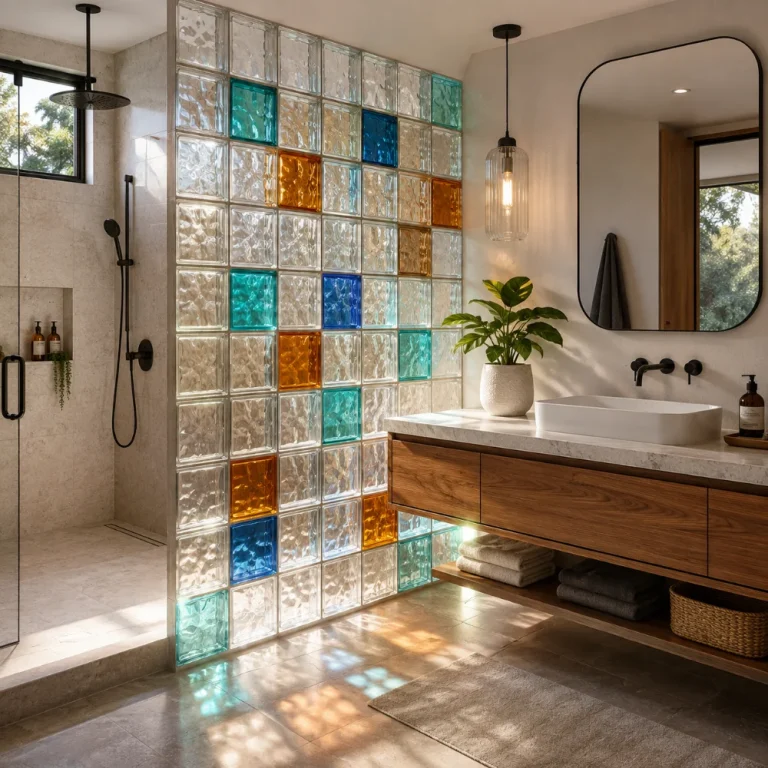 Colored glass block in a bathroom setting
