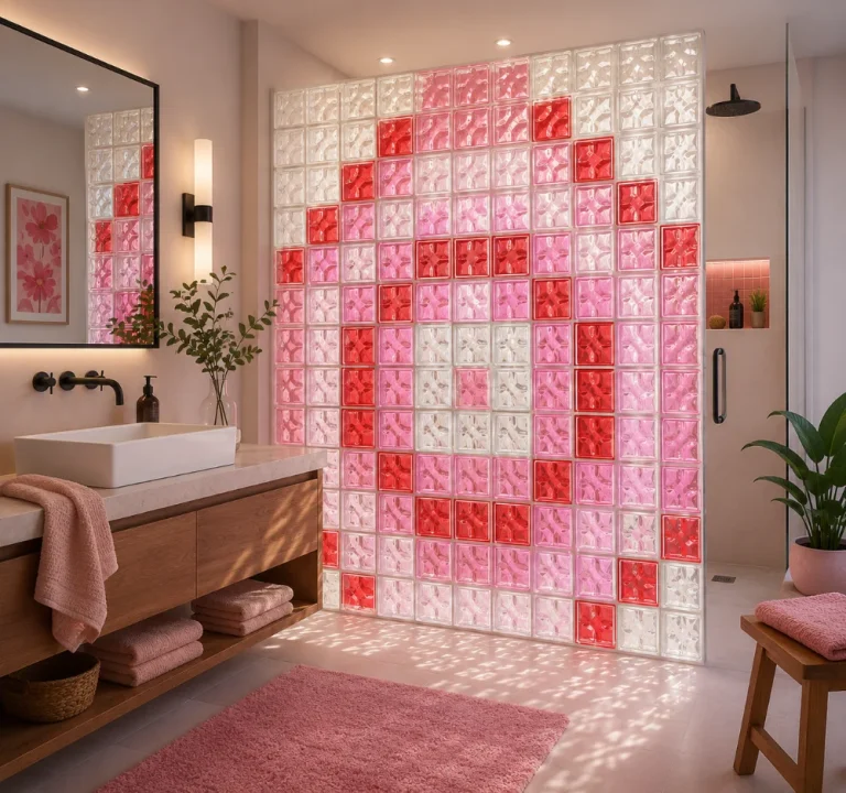 Colored glass block in a bathroom setting