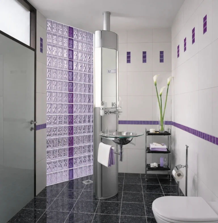 Colored glass block in a bathroom setting