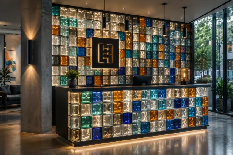 Colored glass block in a commercial space