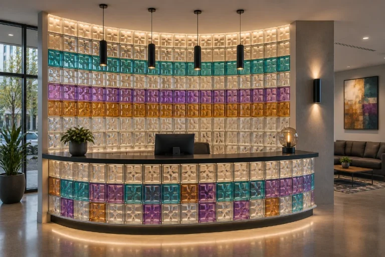 Colored glass block in a commercial space