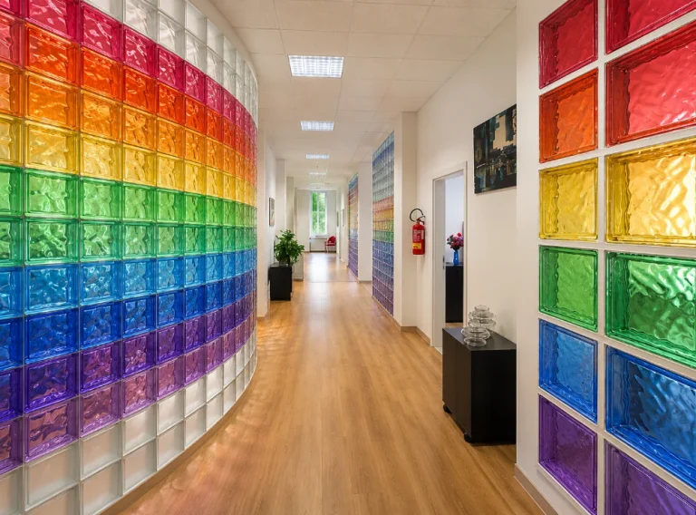 Colored glass block in a commercial space