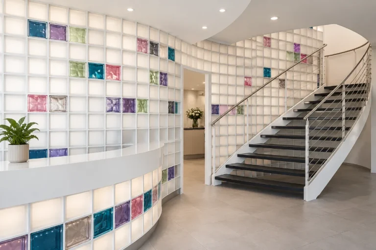 Colored glass block in a commercial space