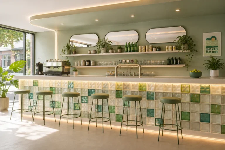 Colored glass block in a commercial space