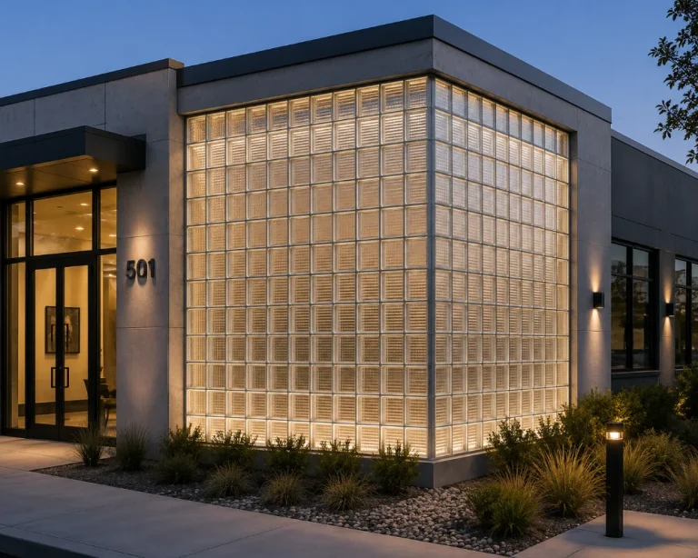 Glass block on a building exterior