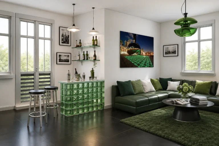 Colored glass block in a living space setting