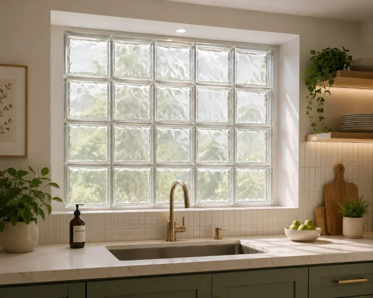 Kitchen with a large glass block window