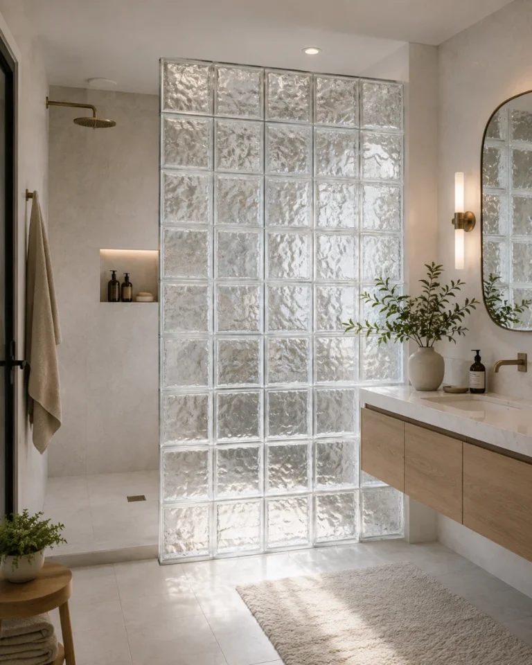 Glass block shower wall with a built-in niche