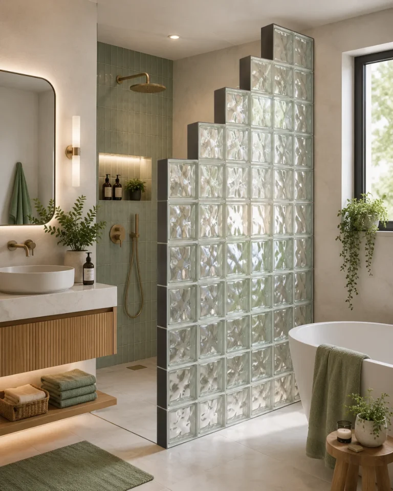 Glass block wall behind a vessel sink with plants