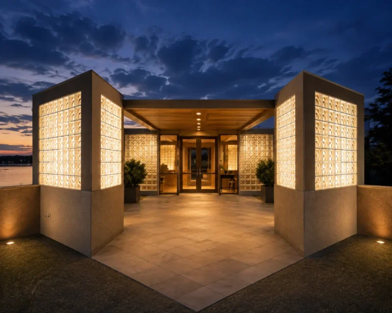 Illuminated glass block columns at a home entrance at dusk