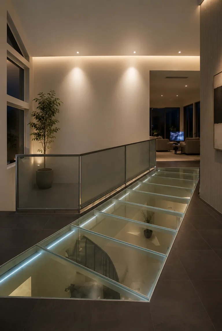 Illuminated structural glass floor walkway