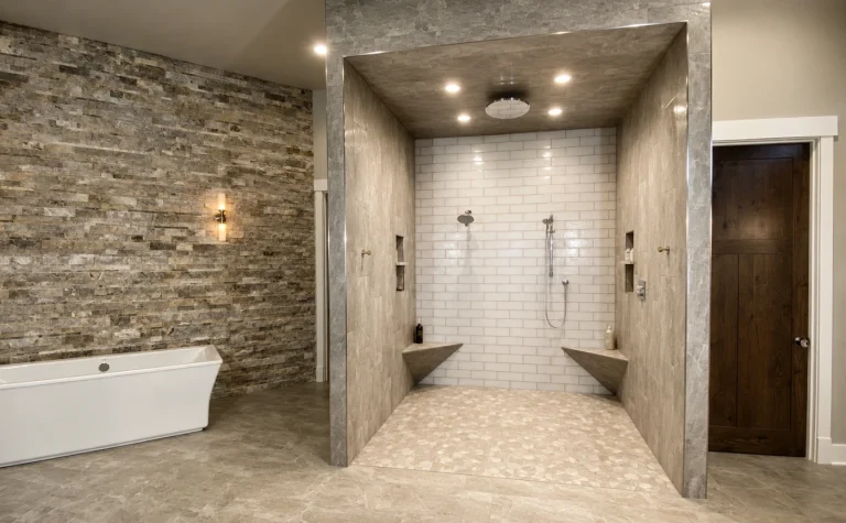 Walk-in shower with dual benches